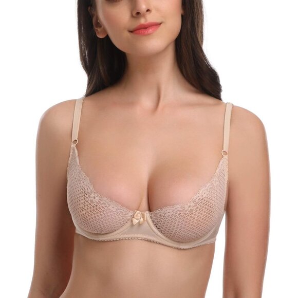 🆕 Women Cream Sexy Lace Cup Bra Balconette Mesh Underwired Demi Shelf Bralette - Picture 2 of 8